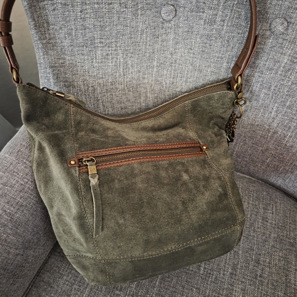 The Sak Olive Green Suede Shoulder Bag with Brown Leather Trim